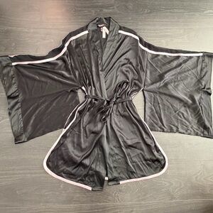 Victoria's Secret Black Satin Robe with Pink Trim
